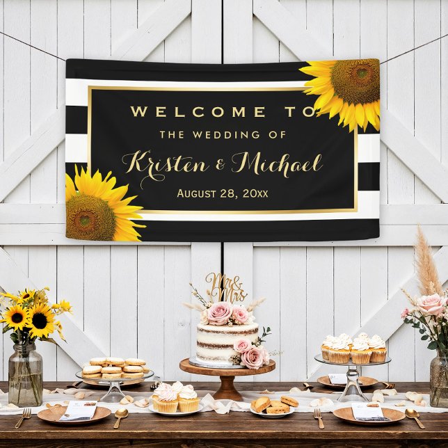 Rustic Yellow Sunflower Black White Wedding Party Banner (Creator Uploaded)