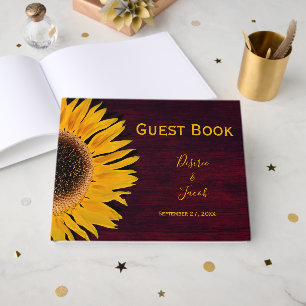 Rustic Yellow Sunflower Burgundy Wood Wedding Guest Book