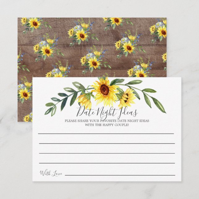 Rustic Yellow Sunflower Date Night Ideas Card (Front/Back)