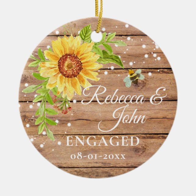 Rustic Yellow Sunflower Engaged Ceramic Ornament (Front)