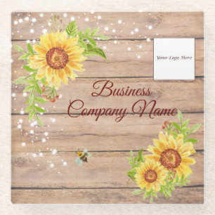 Rustic Yellow Sunflower Gradient Custom Business Glass Coaster