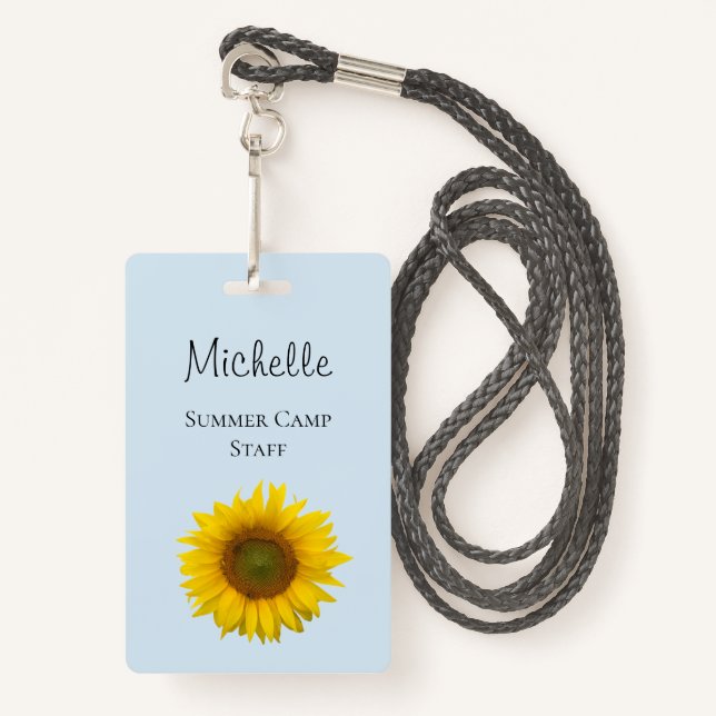 Rustic Yellow Sunflower Summer Camp Name Tag Badge (Front with Lanyard)