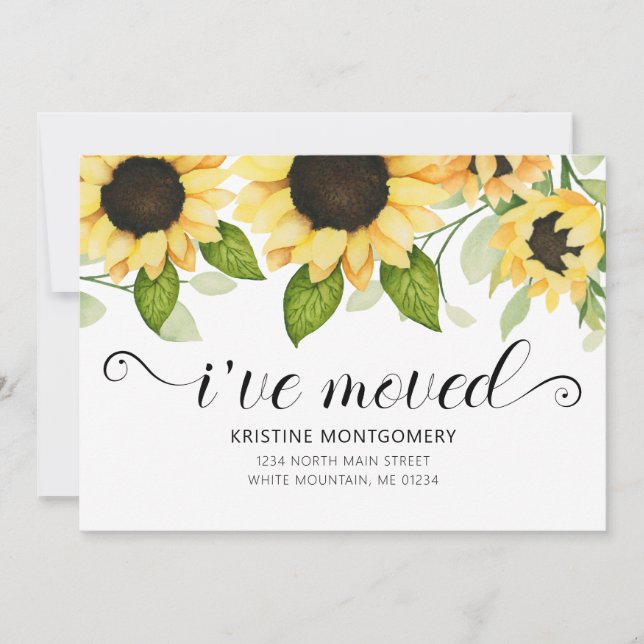 Rustic Yellow Sunflower Watercolor Floral Moving Announcement (Front)