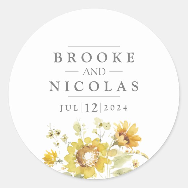 Rustic Yellow Sunflower Watercolor Wedding Classic Classic Round Sticker (Front)