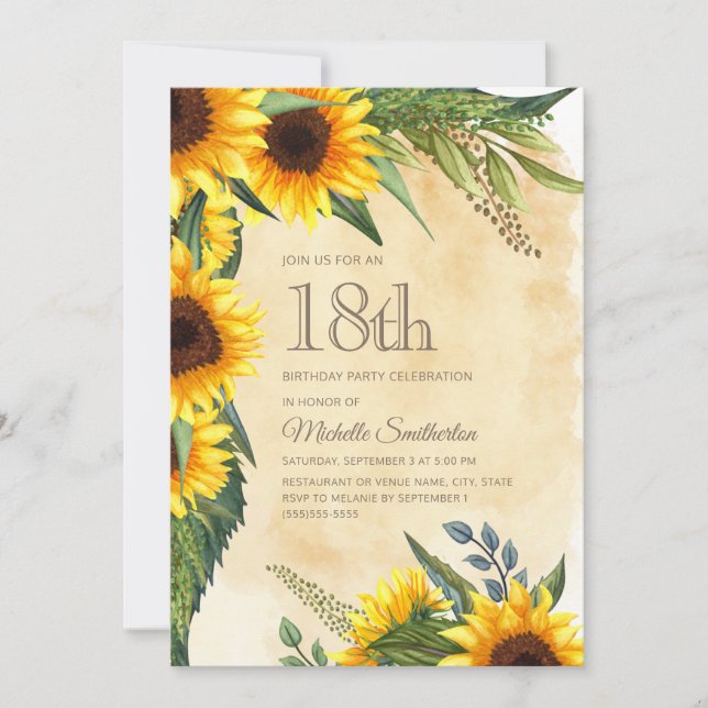 Rustic Yellow Sunflowers 18th Birthday Invitation (Front)