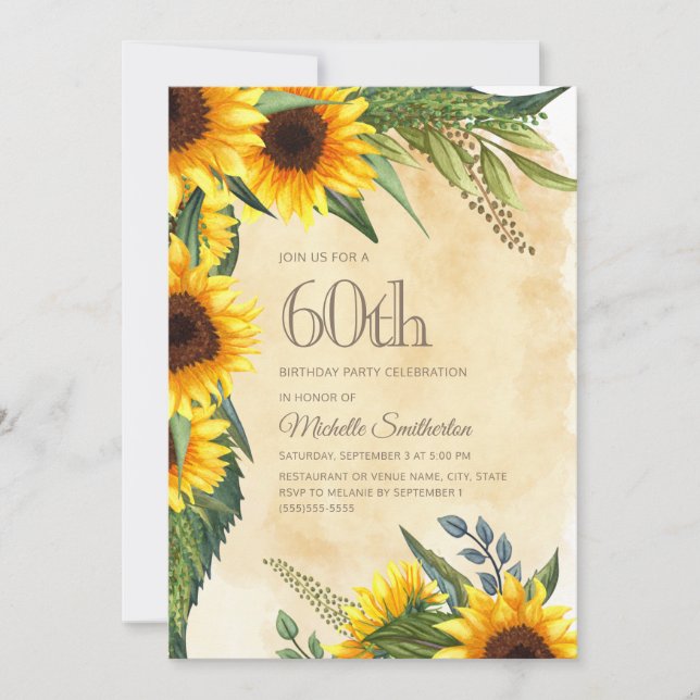 Rustic Yellow Sunflowers 60th Birthday Invitation (Front)