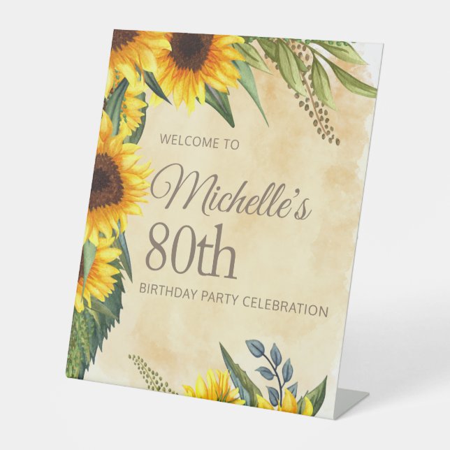 Rustic Yellow Sunflowers 80th Birthday Pedestal Sign (Front)