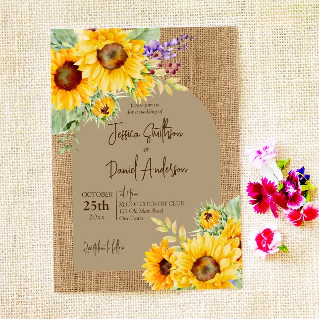 Rustic yellow sunflowers arch burlap background invitation (Creator Uploaded)