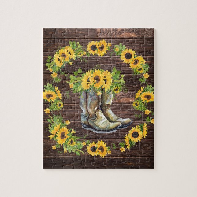 Rustic Yellow Sunflowers Cowboy Boots Country Jigsaw Puzzle (Vertical)