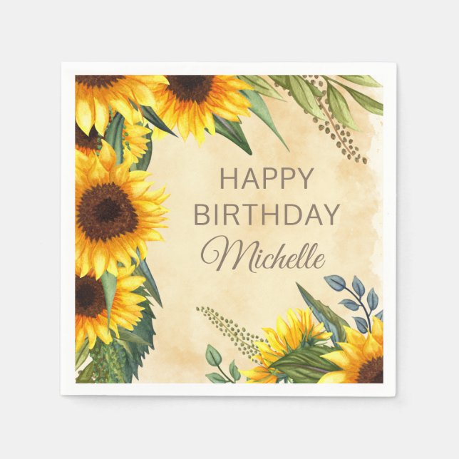 Rustic Yellow Sunflowers Custom Happy Birthday Napkin (Front)