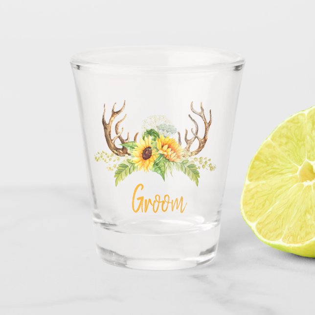 Rustic Yellow Sunflowers, Greenery, Antlers Groom Shot Glass (Front)
