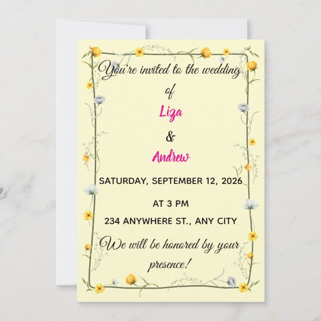 Rustic Yellow Wildflower Meadow Wedding Invitation (Front)