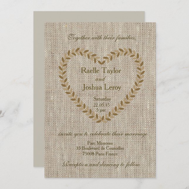Rustic zen burlap heart taupe wedding invitation (Front/Back)