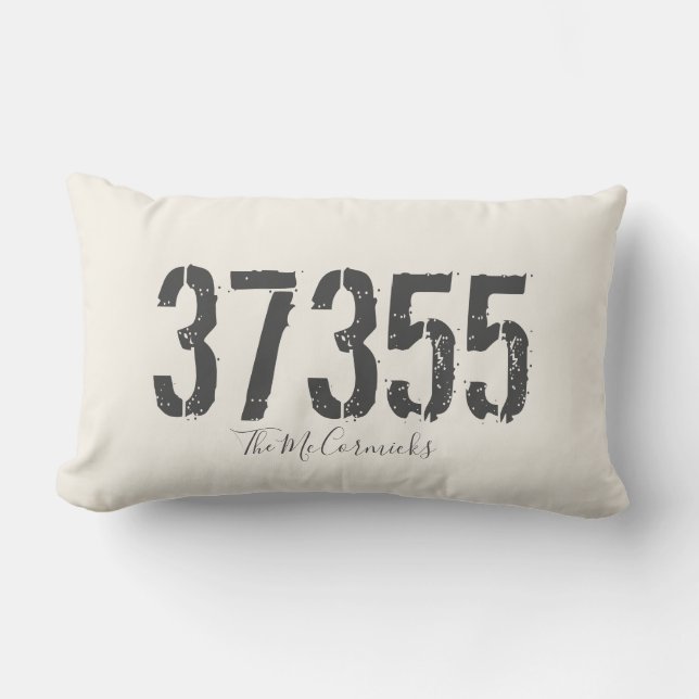 Rustic Zip Code Family Hand Lettered Personalized Lumbar Pillow (Front)