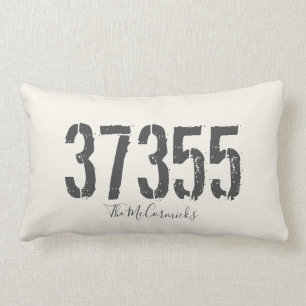 Rustic Zip Code Family Hand Lettered Personalized Lumbar Pillow