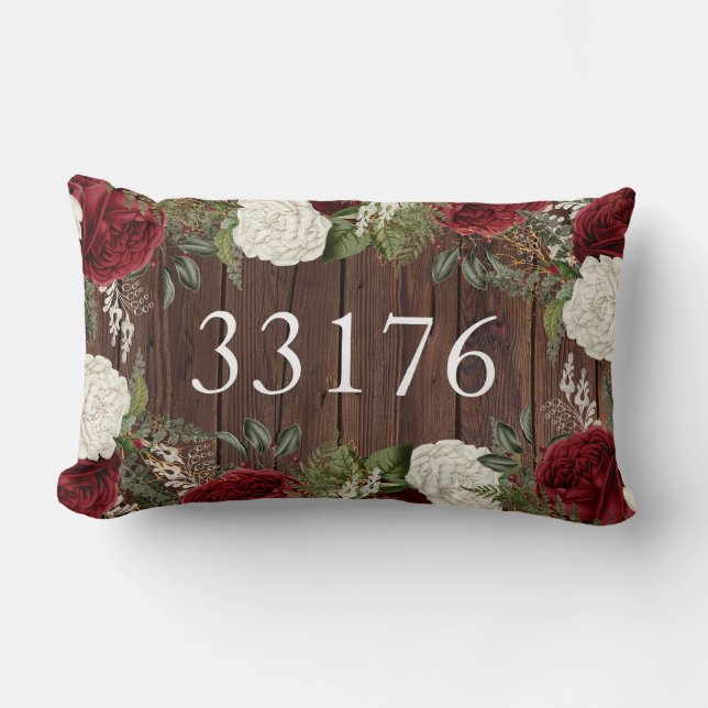 Rustic Zip Code Roses Just Married Couple Lumbar Pillow (Front)
