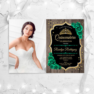 RusticEmerald Green Photo Quinceanera Invitation