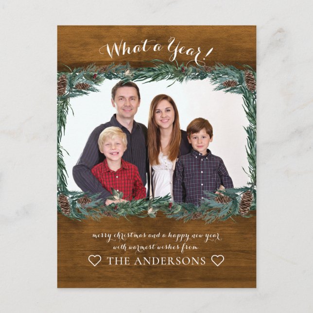 Rustikal What a Year! Weihnachtskranz  Foto Postcard (Front)