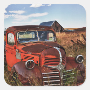 Rusting orange Dodge truck with abandoned farm Square Sticker
