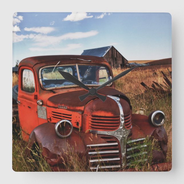 Rusting orange Dodge truck with abandoned farm Square Wall Clock (Front)