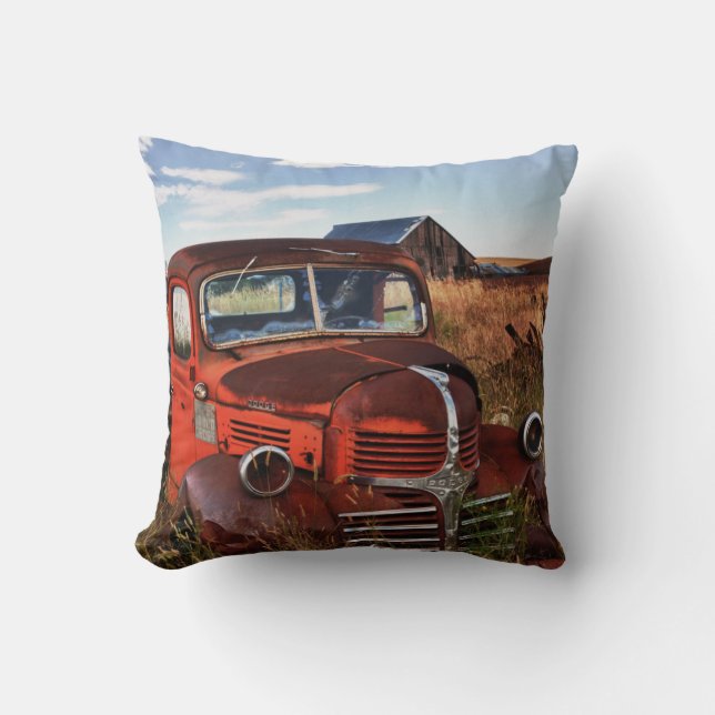 Rusting orange Dodge truck with abandoned farm Throw Pillow (Front)