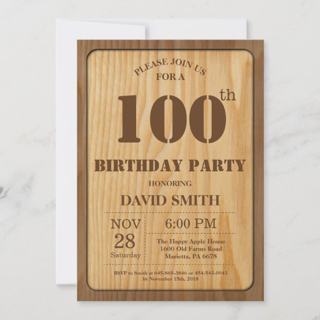 Rustique 100e anniversaire Invitation Bois Vintage (Devant)