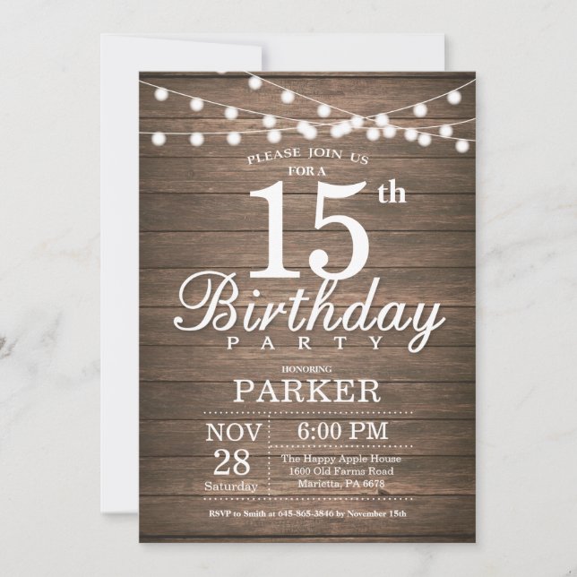 Rustique 15e anniversaire Invitation String éclats (Devant)