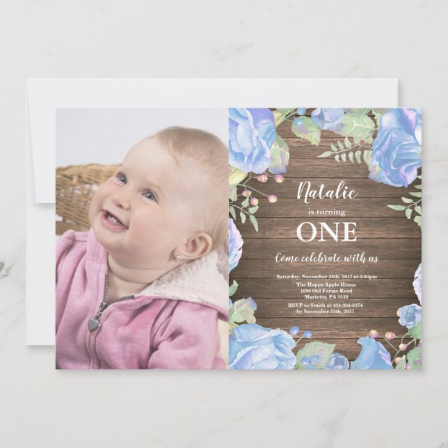 Rustique 1er anniversaire Invitation Blue Floral (Devant)