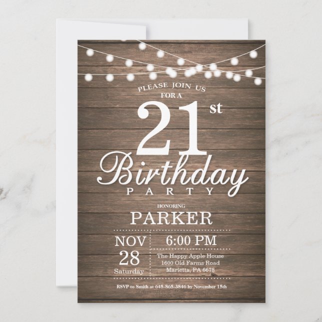 Rustique 21e anniversaire Invitation String éclats (Devant)