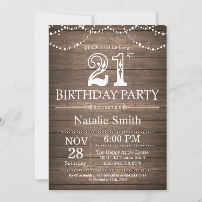 Rustique 21e anniversaire Invitation String lumièr (Devant)