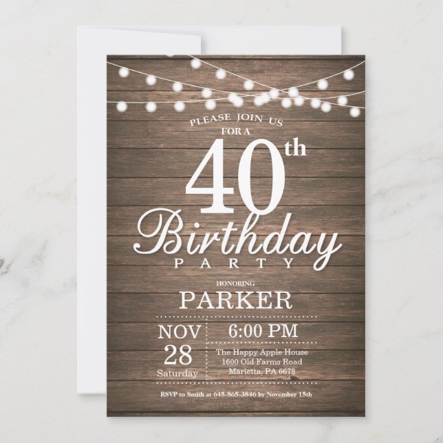 Rustique 40e anniversaire Invitation String éclats (Devant)