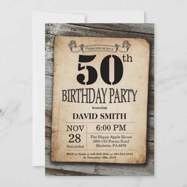 Rustique 50e anniversaire Invitation Bois Vintage (Devant)