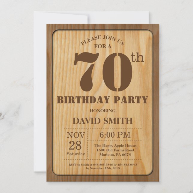 Rustique 70e anniversaire Invitation Bois Vintage (Devant)