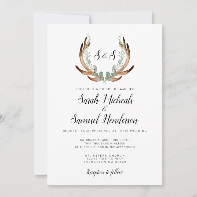 Rustique Antler | Faire-part de mariage aquarelle (Devant)