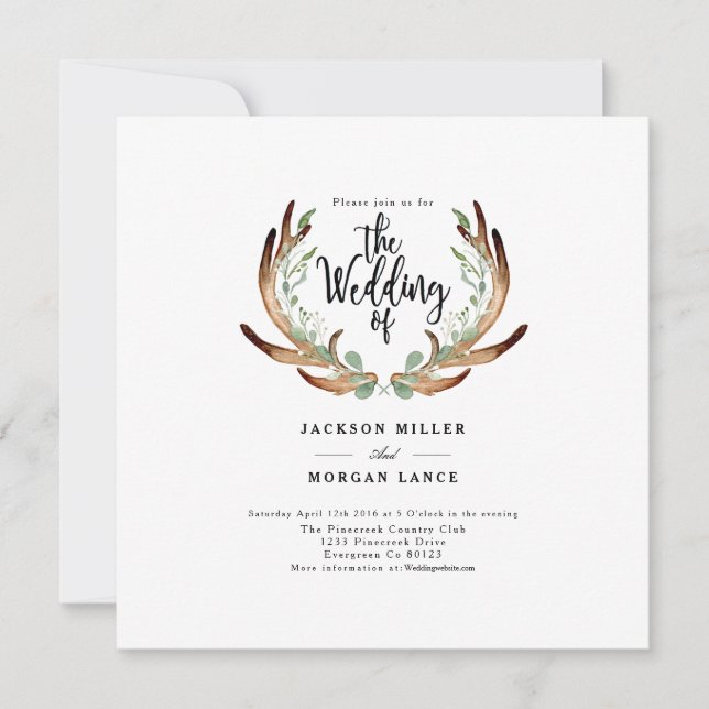 Rustique Antler & Vine | Invitation de mariage aqu (Devant)
