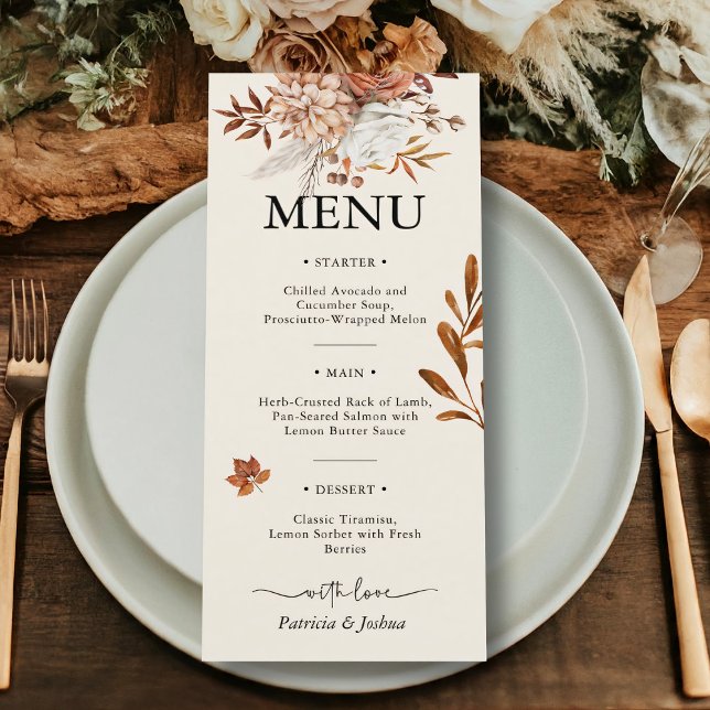 Rustique Automne Mariage Menu Élégant Burnt Orange (Créateur téléchargé)