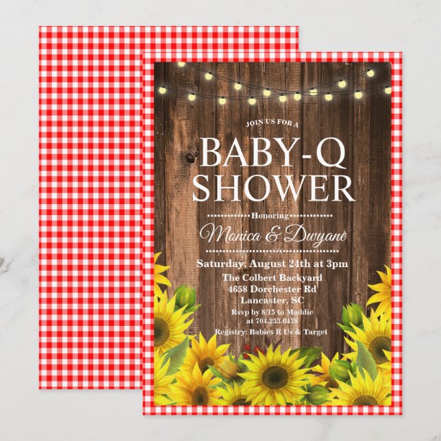 Rustique Baby Q Douche BBQ Tournesol Invitation (Devant / Derrière)