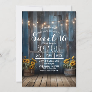 Rustique Bleu Grange Tournesol Sweet 16 Invitation