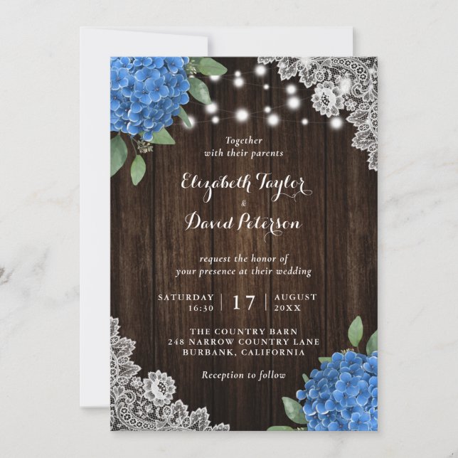 Rustique Blue Hydrangea Invitations de mariage (Devant)
