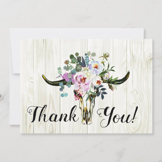 Rustique Boho Chic Floral Longhorn Merci crâne (Devant)