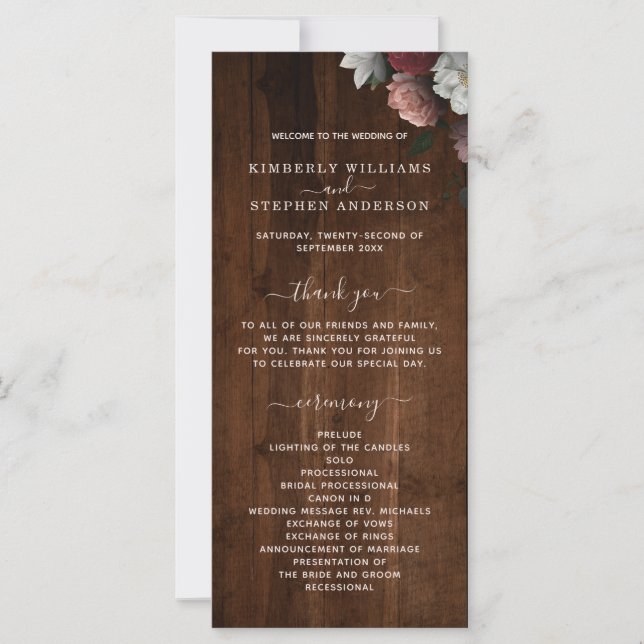 Rustique Bois Bourgogne Rose Programme de mariage  (Devant)