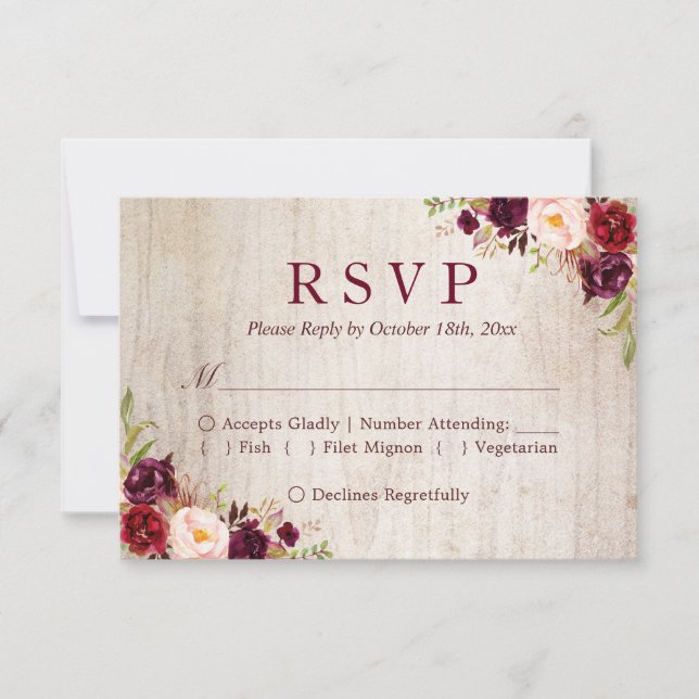 Rustique Bois Bourgogne Rouge Floral Mariage RSVP (Devant)