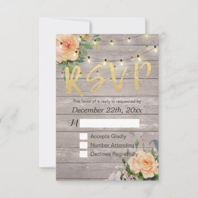 Rustique Bois Floral String Lumière Mariage RSVP R (Devant)