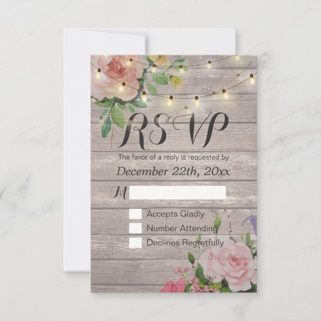 Rustique Bois Floral String Lumière Mariage RSVP R (Devant)