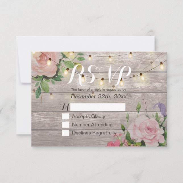 Rustique Bois Floral String Lumière Mariage RSVP R (Devant)