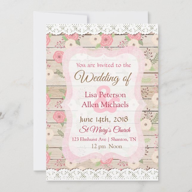 Rustique Bois rose et Faire-part de mariage floral (Devant)
