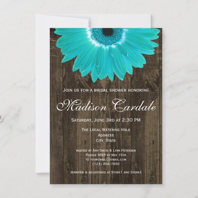 Rustique Bois Turquoise Daisy Invitation à la douc (Devant)