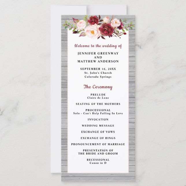 Rustique Bourgogne Blush Pink Programme de mariage (Devant)