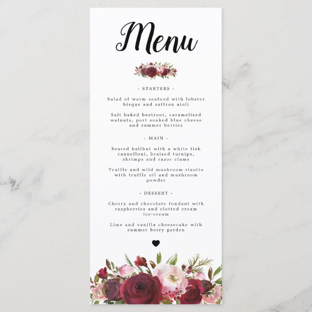 Rustique Bourgogne Marsala Blush Menu Mariage (Devant)