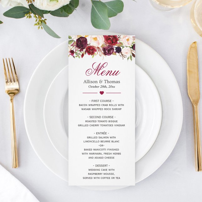 Rustique Bourgogne Marsala Rouge Floral Menu Maria (Créateur téléchargé)